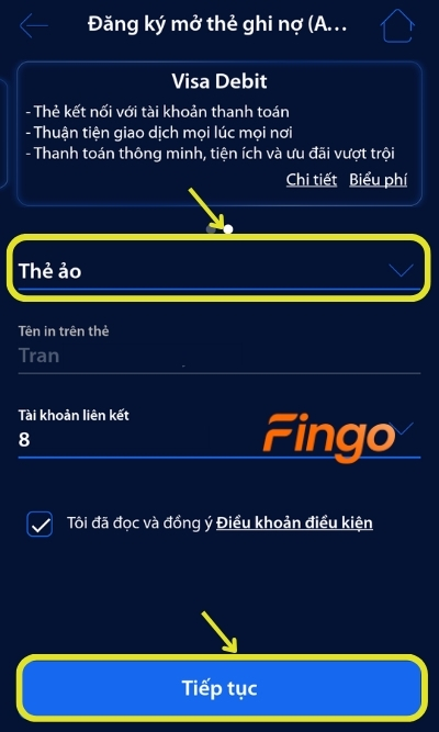 Chọn thẻ BVBank Visa Debit. Tiếp đó chọn Thẻ ảo và lựa chọn Tài khoản liên kết. Sau đó chọn Tiếp tục