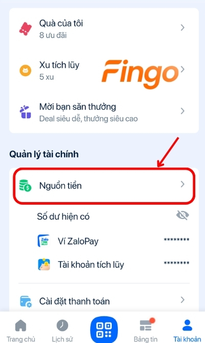 Tại mục Tài khoản. Khách hàng chọn Nguồn tiền để tiến hành liên kết BIDV với ZaloPay