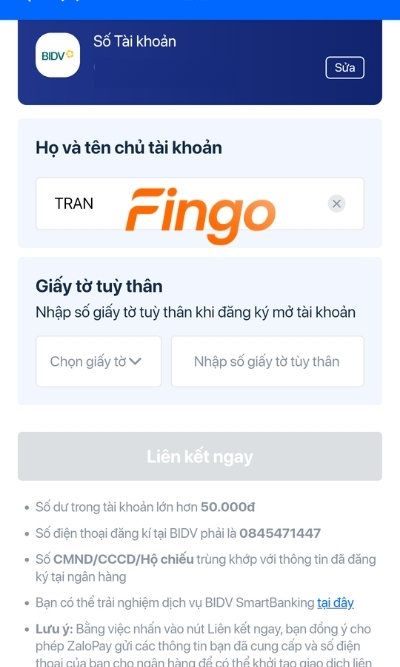 Kiểm tra thông tin tài khoản, họ tên và thông tin cá nhận. Xác nhận giao dịch bằng cách chọn Liên kết ngay
