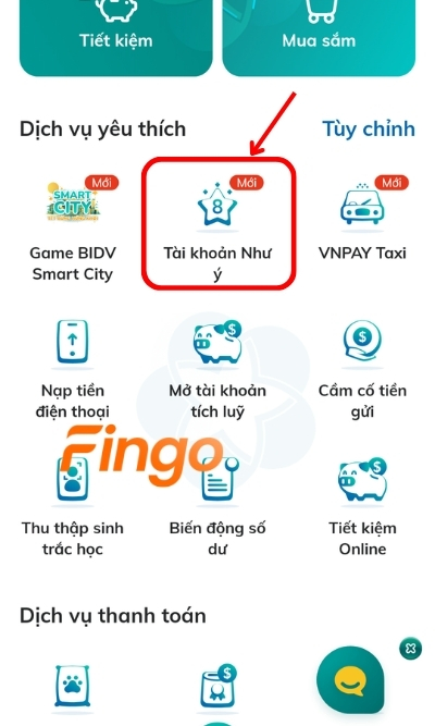 Chọn tính năng Tài khoản Như ý