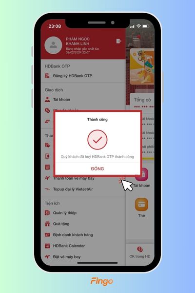 Ứng dụng thông báo bạn đã hủy HDBank OTP thành công