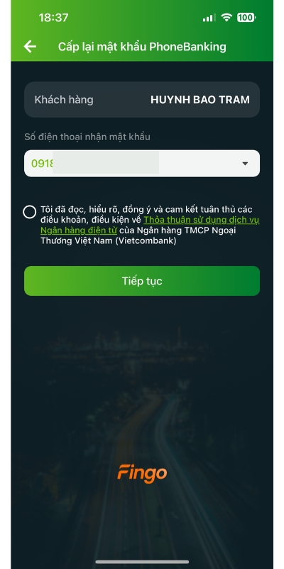 Cách lấy lại mật khẩu Phone Banking Vietcombank bước 3