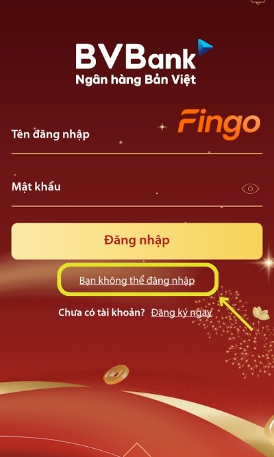 Vào ứng dụng digimi. Tại màn hình, khách hàng chọn Không thể đăng nhập để bắt đầu quá trình lấy lại tên đăng nhập BVBank