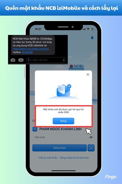 Mật khẩu NCB iziMobile mới đã được gửi tới qua tin nhắn SMS