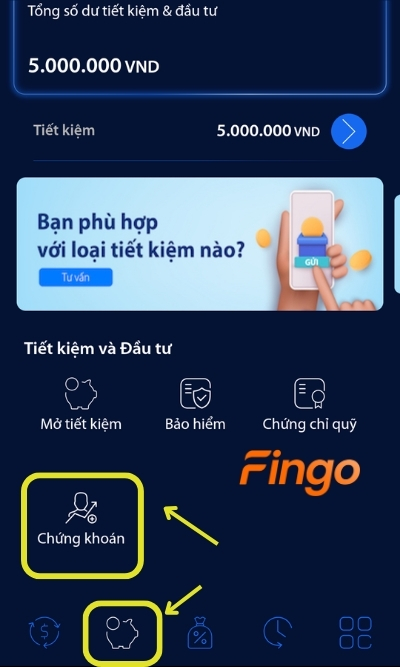 Đăng nhập ứng dụng. Tại mục Đầu tư, chọn biểu tượng Chứng khoán