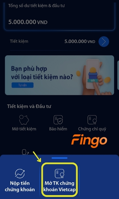 Chọn mục Mở TK chứng khoán Vietcap để bắt đầu mở tài khoản chứng khoán Bản Việt