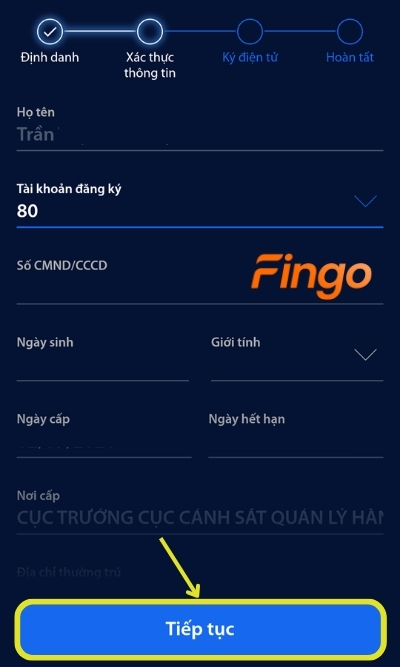 Xác thực thông tin cá nhân trên màn hình. Sau đó chọn Tiếp tục