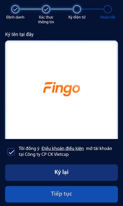 Ký tên điện tử. Đồng thời tick chọn Tôi đồng ý và Tiếp tục 