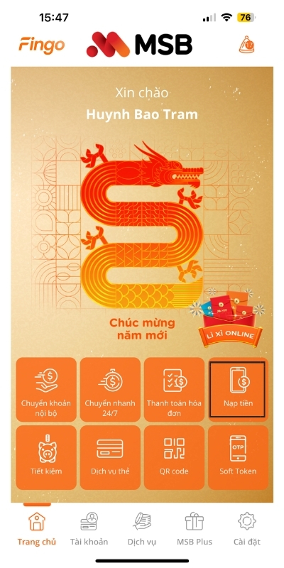 Nạp tiền điện thoại qua MSB mBank bước 1