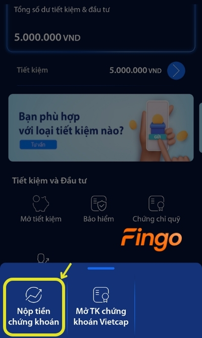 Đăng nhập ứng dụng. Tại mục Đầu tư, chọn biểu tượng Chứng khoán. Tiếp theo, chọn mục Nộp tiền chứng khoán