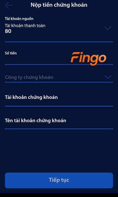 Màn hình hiển thị các thông tin về nhà cung cấp, dịch vụ, số tài khoản và số tiền. Khách hàng điền đầy đủ các thông tin và chọn Tiếp tục