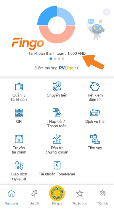 Số dư hiển thị ngay màn hình chính ứng dụng