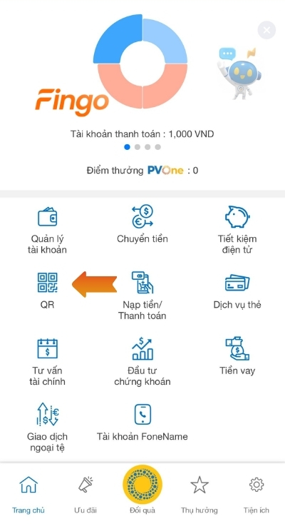 Chọn mục dịch vụ mã QR