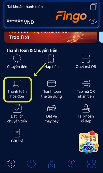 Đăng nhập ứng dụng. Sau đó tại màn hình chính, chọn Thanh toán hóa đơn.