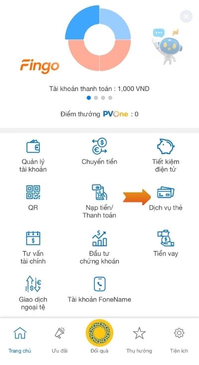 Chọn mục dịch vụ thẻ