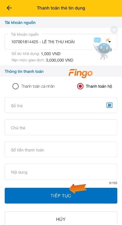 Nhập thông tin và nhấn tiếp tục