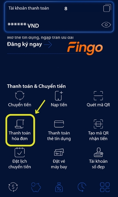 Đăng nhập ứng dụng. Chọn Thanh toán hóa đơn