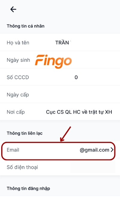 Tại đây, khách hàng chọn mục Email để thực hiện thay đổi email VIB