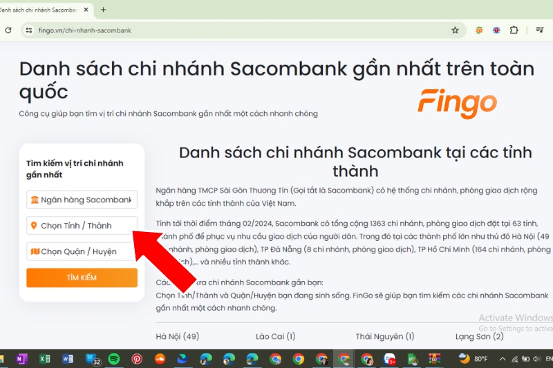 Điền thông tin chi nhánh cần tìm như: tỉnh thành/ quận huyện và bấm tìm kiếm.