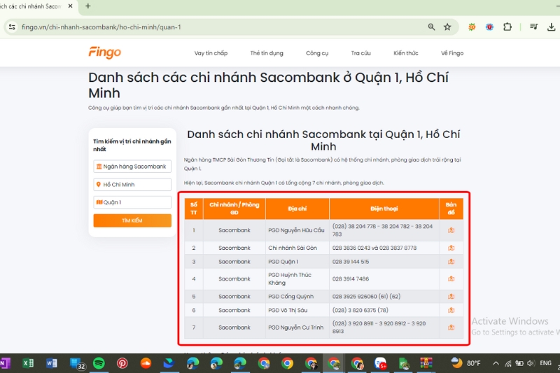 Trang web hiển thị thông tin các chi nhánh/PGD Sacombank gồm địa chỉ và số điện thoại của từng chi nhánh.