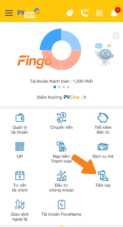 Chọn mục dịch vụ "Tiền vay"