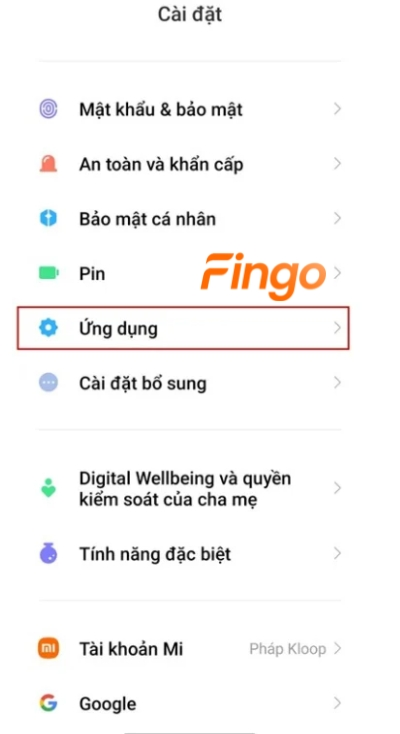 Nhấn chọn mục ứng dụng
