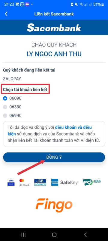 Chọn tài khoản liên kết >"Đồng ý" 