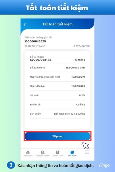 Xác nhận thông tin và hoàn tất giao dịch tất toán tiết kiệm NCB online