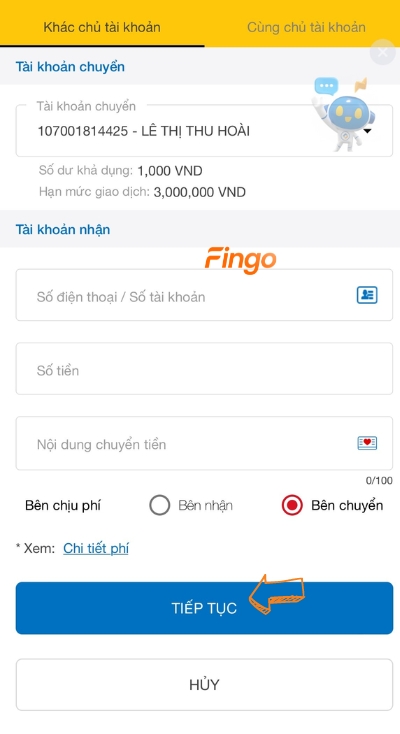 Nhập thông tin chuyển khoản và tiếp tục