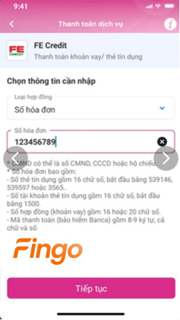tiến hành nhập số hóa đơn hoặc số CMND/CCCD/Hộ chiếu, sao đó nhấn "Tiếp tục"