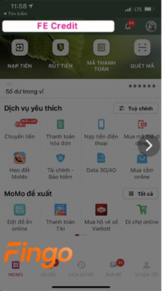 tìm kiếm dịch vụ thanh toán khoản vay FE Credit tại màn hình chính bằng cách nhập từ khóa “FE Credit” vào ô Tìm kiếm