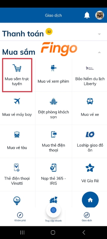 Tiếp tục chọn "Mua sắm trực tuyến".