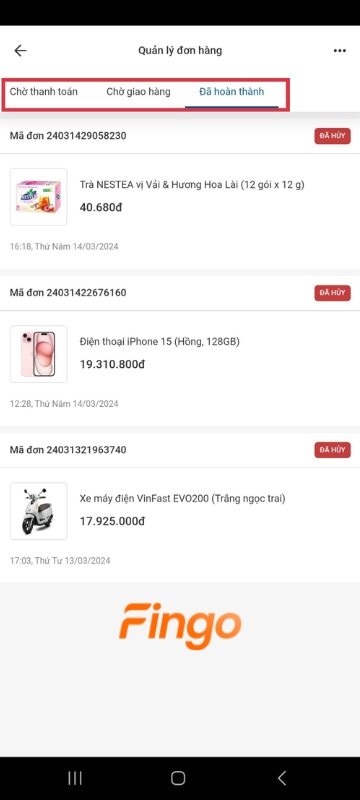 Trạng thái các đơn hàng sẽ hiển thị.
