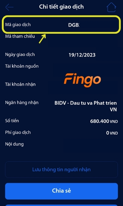  Tại chi tiết giao dịch sẽ hiển thị đầy đủ thông tin về thời gian, số tiền, nội dung giao dịch, người thực hiện mã tham chiếu và mã giao dịch BVBank cần tìm.
