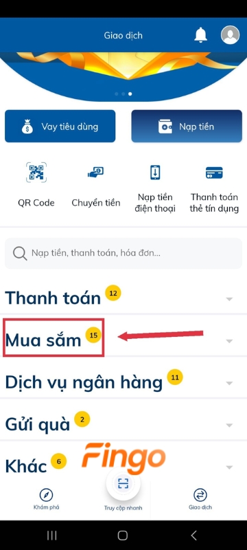 Trong các danh mục, chọn "Mua sắm"