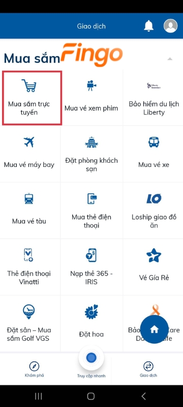 Tiếp tục chọn "Mua sắm trực tuyến".