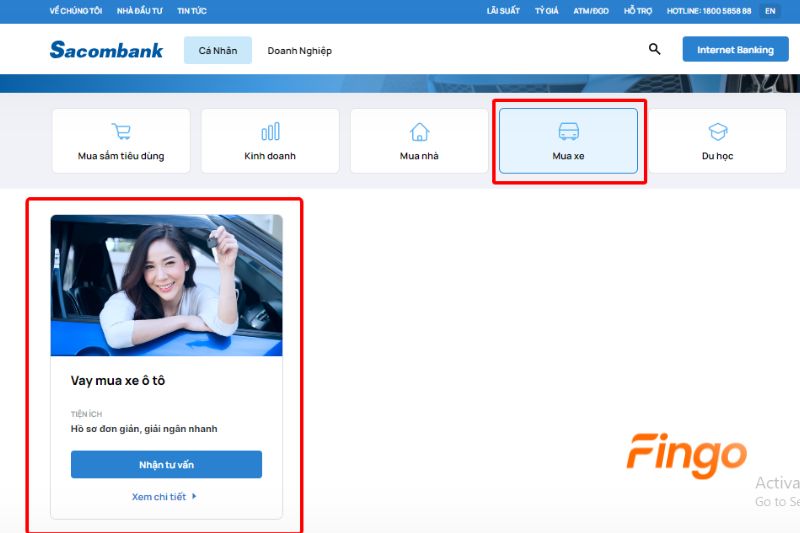  Chọn vào sản phẩm vay “Mua xe”.