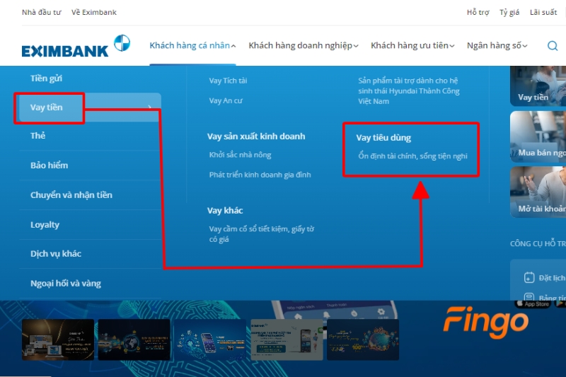 Truy cập website chính thức của Eximbank, tại mục “Khách hàng cá nhân” > Chọn “Vay tiền” > “Vay tiêu dùng”.