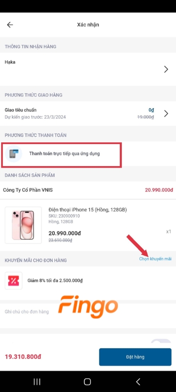 Điền thông tin nhận hàng > Lựa chọn phương thức thanh toán > Áp dụng mã khuyến mãi