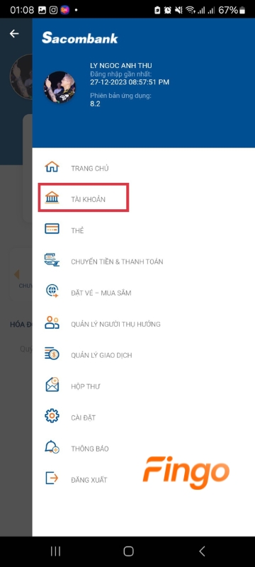 Chọn mục "Tài khoản".