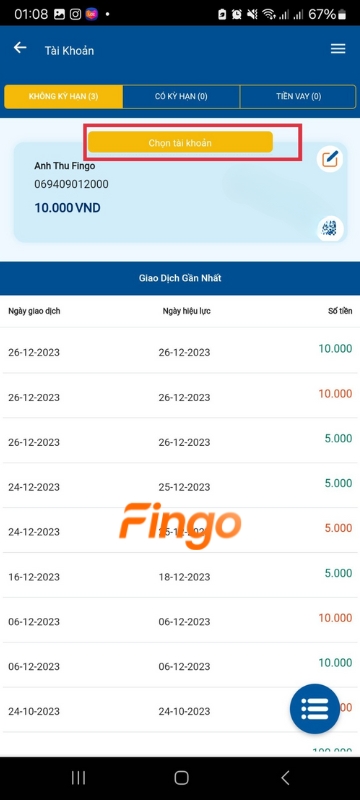 Các loại tài khoản mà bạn có tại Sacombank sẽ hiển thị