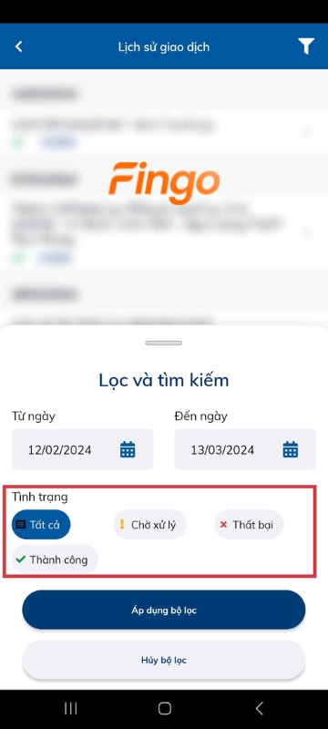  Lựa chọn kiểm tra trạng thái giao dịch (chờ xử lý, thất bại, thành công, tất cả) 