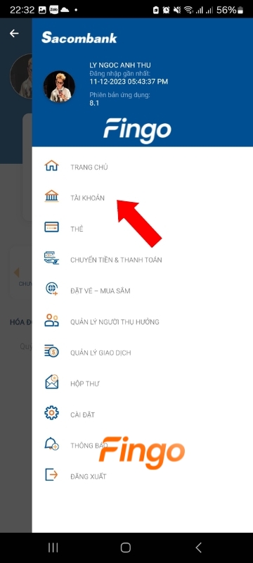 Chọn “Tài khoản” trên menu chính.