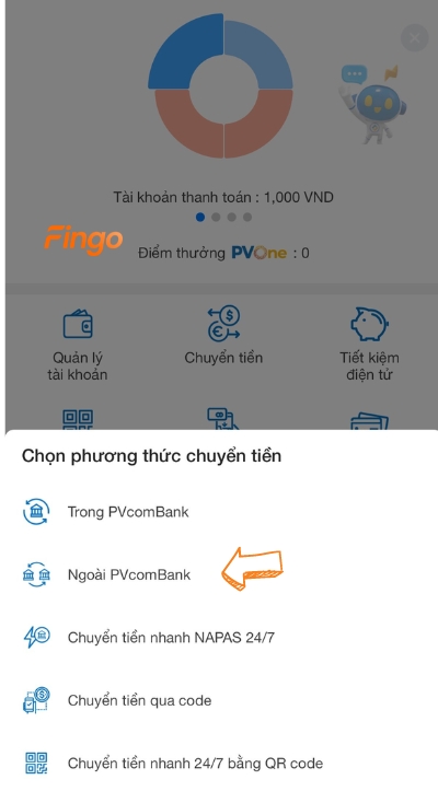 Nhấn chọn mục Chuyển tiền ngoài