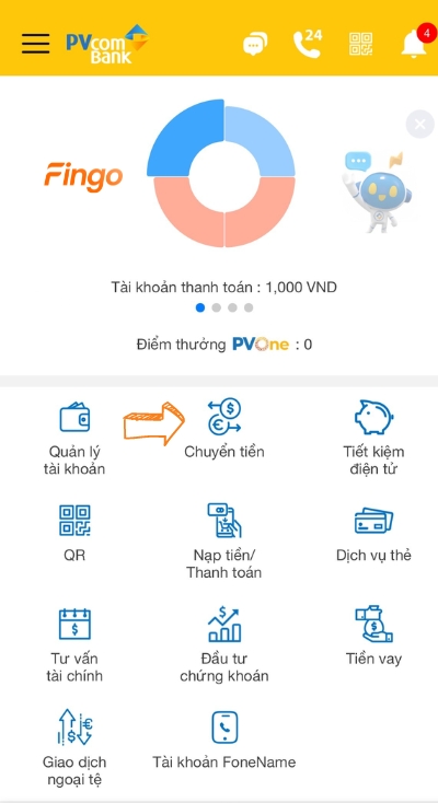 Nhấn chọn mục Chuyển tiền