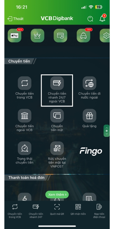 Chuyển tiền từ Vietcombank sang Viettel Money qua VCB Digibank bước 2.1