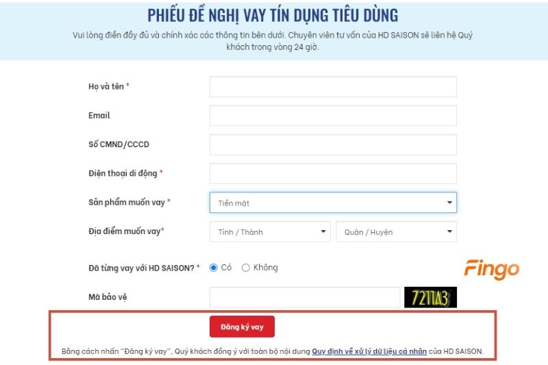 Nhấn vào "Đăng ký vay", bạn sẽ đồng ý với toàn bộ nội dung của Quy định về xử lý dữ liệu cá nhân trong quá trình vay tiền mặt HD SAISON 
