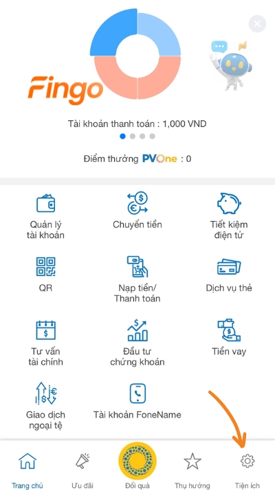 Chọn mục Tiện ích