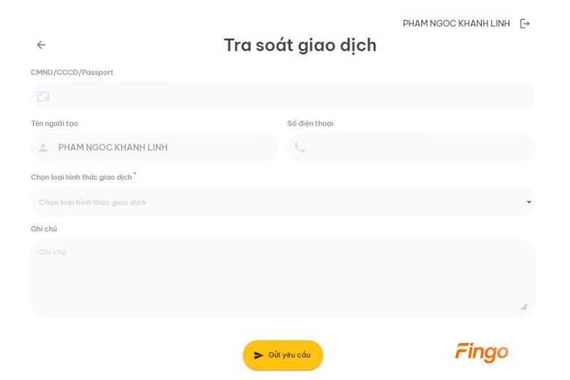 Điền thông tin vào biểu mẫu "Tra soát giao dịch" và chọn "Gửi yêu cầu"