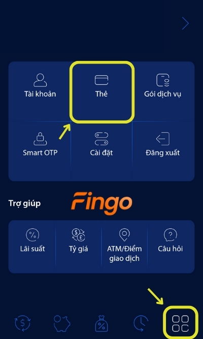 Đăng nhập ứng dụng digimi. Chọn mục Cài đặt tại thanh Menu, sau đó chọn mục Thẻ
